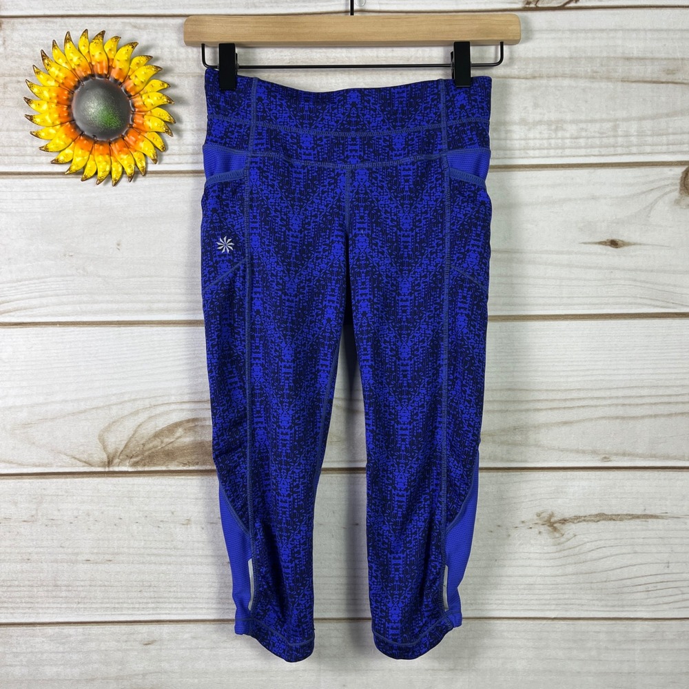 Athleta Blue Black Abstract Print Capris Leggings Pants Womens XXS Side Pockets